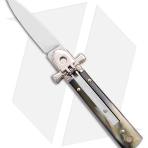 AGA 6" Lever Lock Automatic Italian Knife Horn w/Cross Bolsters (2.5" Satin)