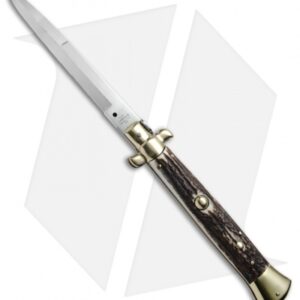 AGA Campolin 15" Auto Italian Stiletto Knife Stag Horn/Brass (7" Satin Bayo)