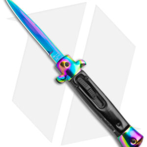9" Italian Stiletto OTF Auto Knife Black Acrylic Rainbow Bolster (3.5" Rainbow)