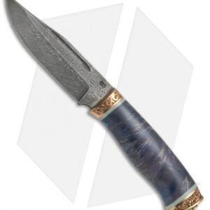Olamic Cutlery Voykar HT4 Fixed Blade Knife Blue Karelian Birch (4.75" Damascus)