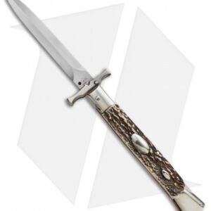 AGA Campolin 13" Bat Swinguard Automatic Knife Stag Horn (5.75" Satin Dagger)