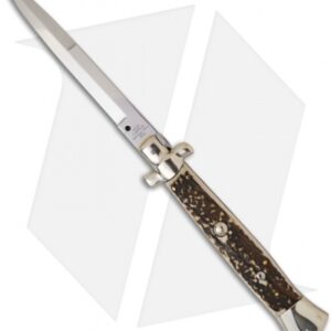 AGA Campolin 15" Automatic Italian Stiletto Knife Stag Horn (7" Satin Bayo)