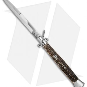 AGA Campolin 18" Ring Pull Automatic Italian Stiletto Stag Horn (8" Satin Bayo)