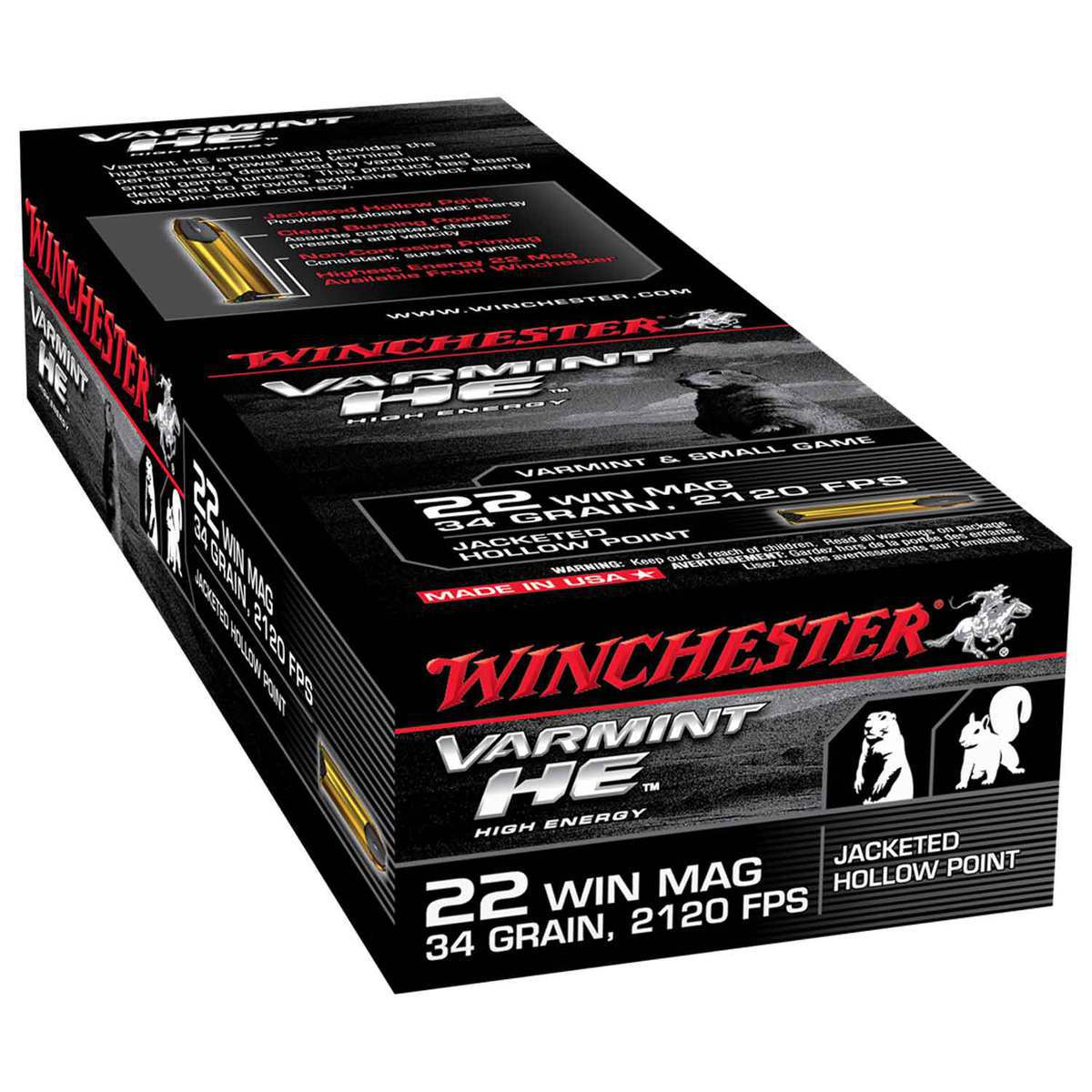 Winchester Varmint HE 22 WMR  34gr JHP Rimfire Ammo - 50 Rounds